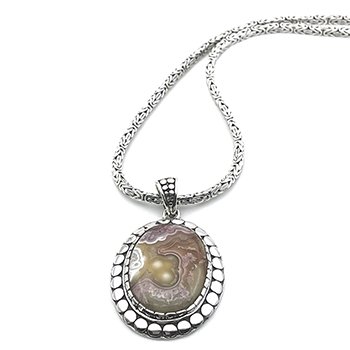 Bijoux Jalan Jalan - Pendentif Argent 925 serti d’une Agate Laguna du Mexique sur chaine maille balinaise Argent 925